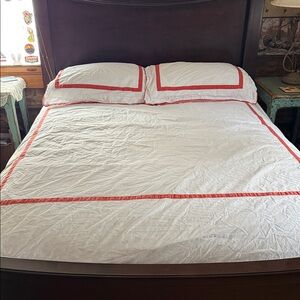 Pottery Barn White Bedding with Red Trim